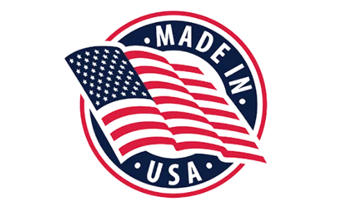 Made in USA badge featuring a waving American flag overlaid inside a circular red, white, and blue border.