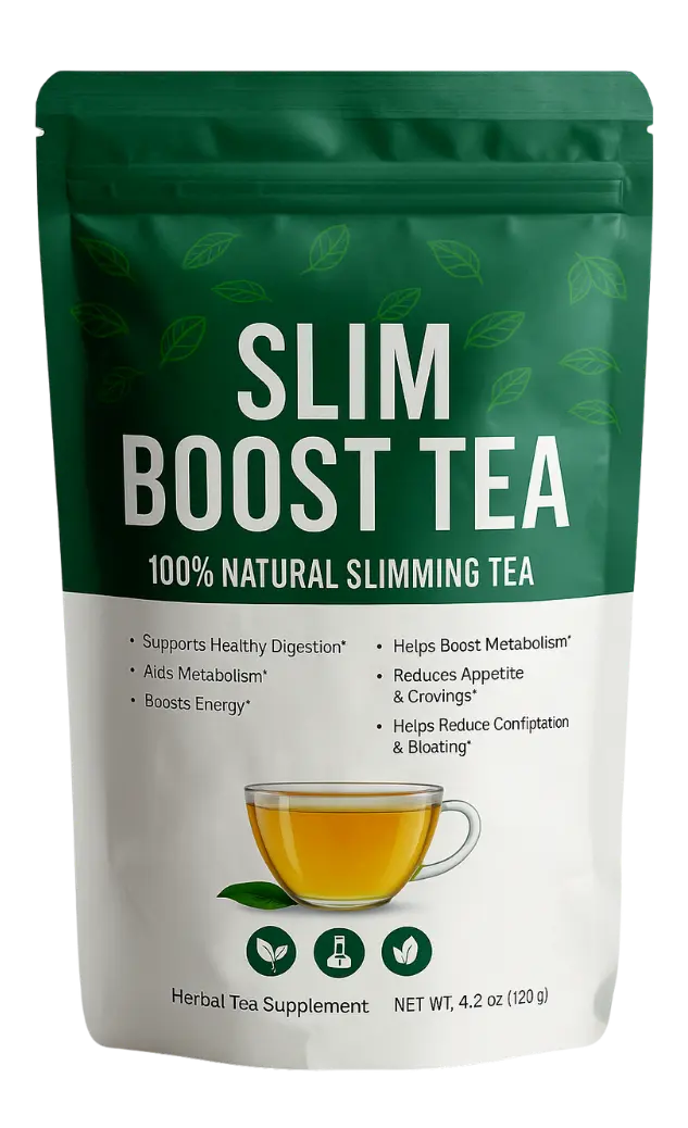 Slim Boost Tea pouch packaging featuring product benefits, a cup of herbal tea, and the 100% natural slimming tea label.
